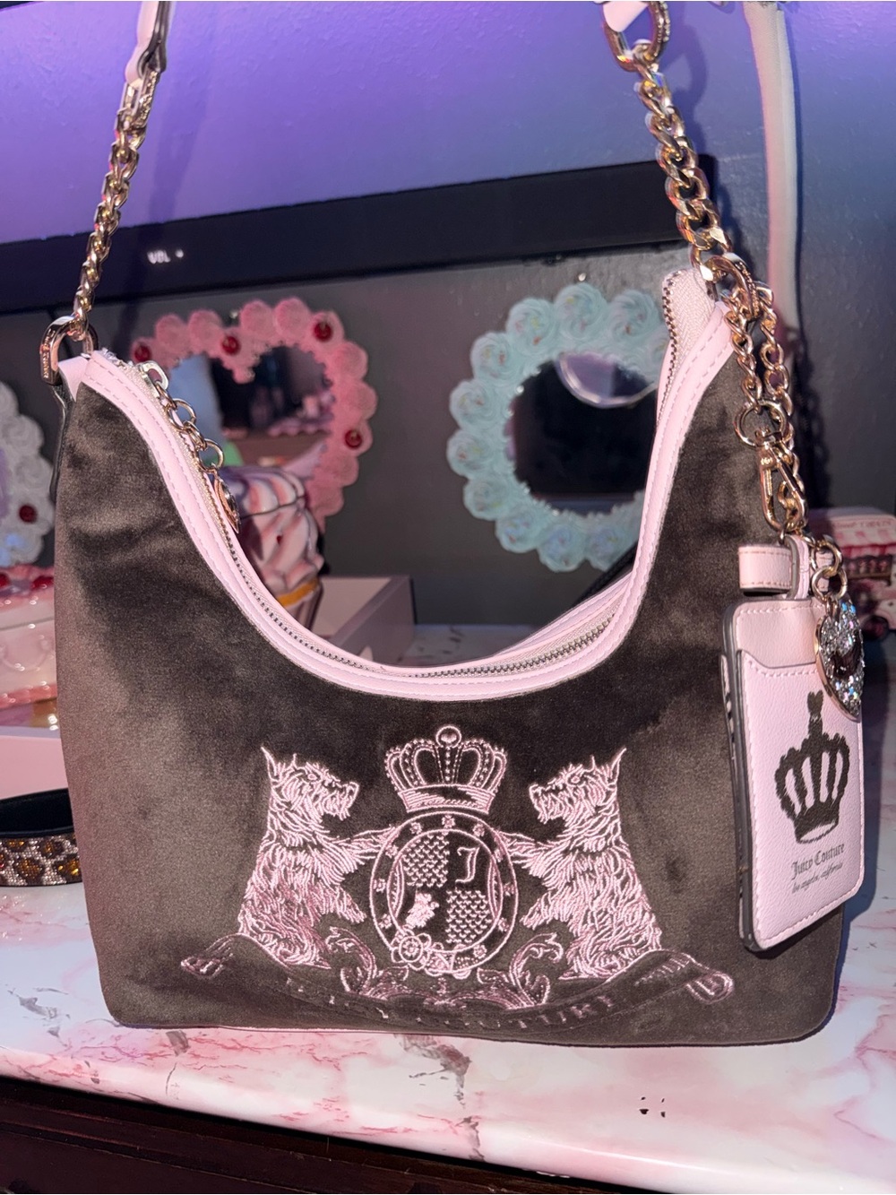 Juicy Couture Scottie Dog Brown Shoulder Bag with Pink Trim